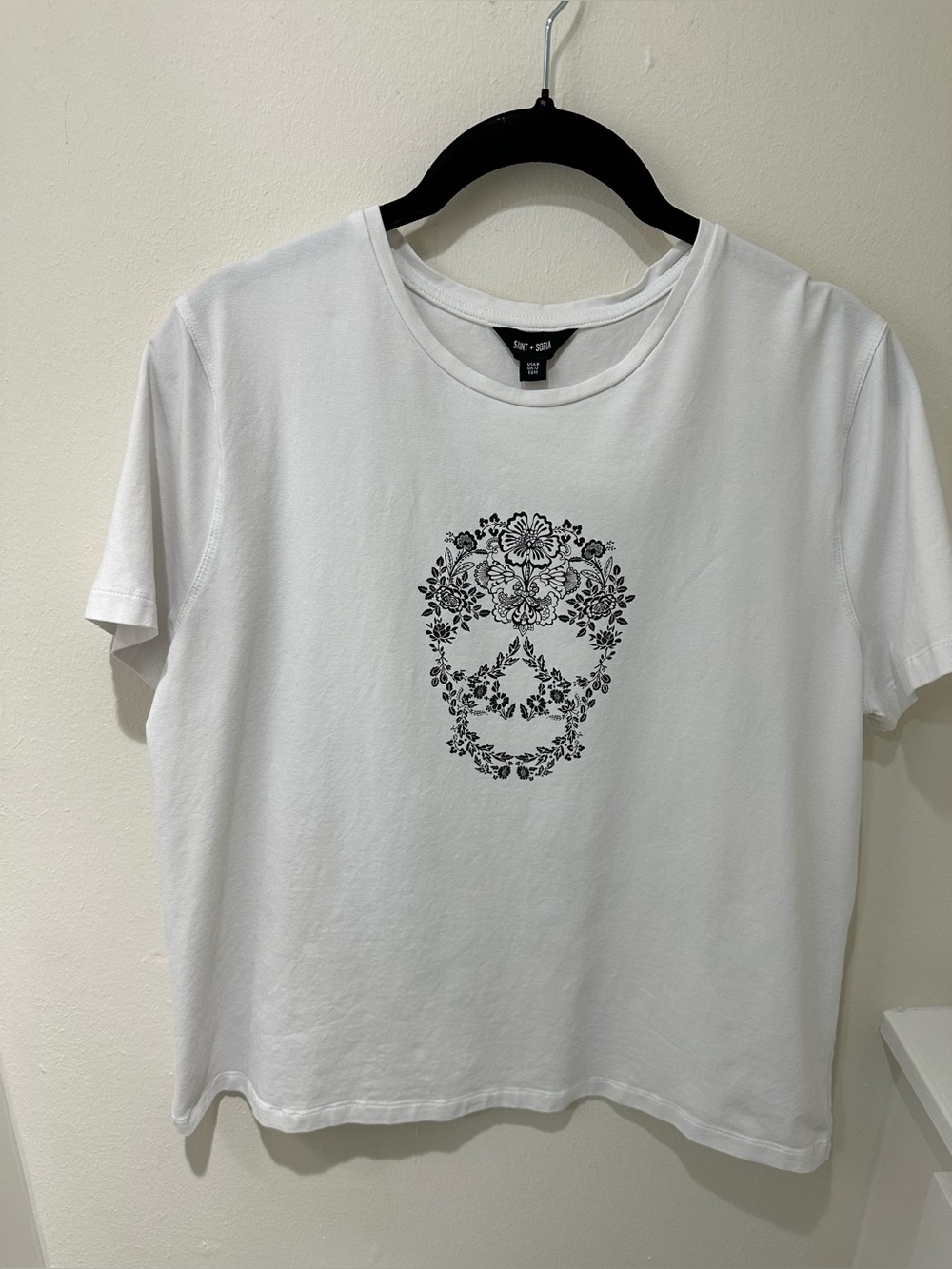 Saint + Sofia White Short Sleeve Tee with Floral Skull Print